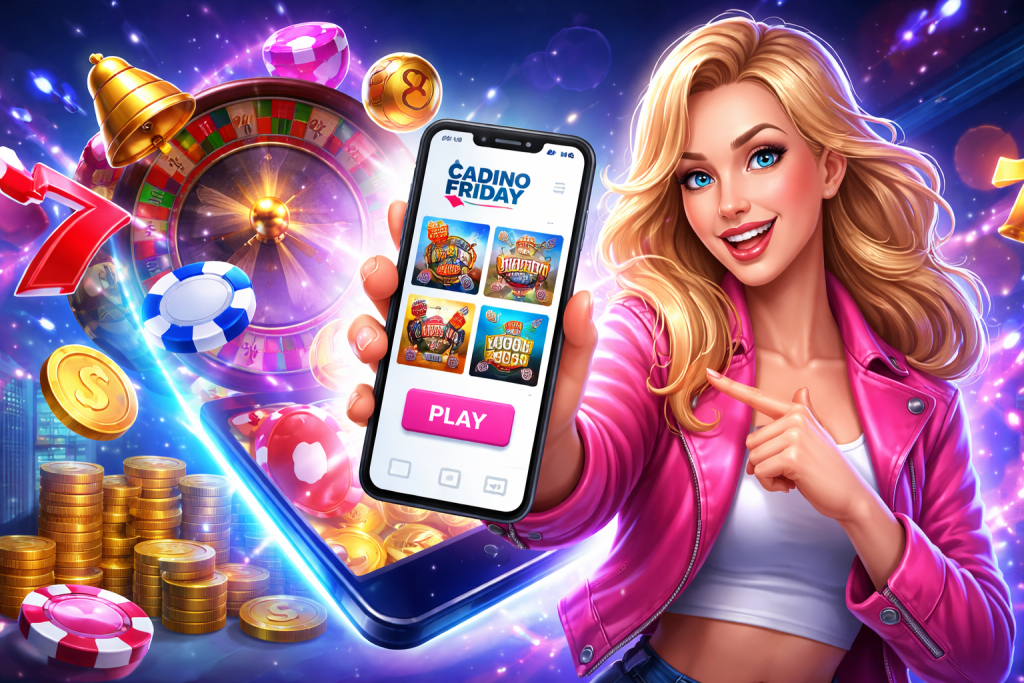 Casino Friday iOS mobile casino app displayed on an iPhone with a woman holding the phone, surrounded by casino elements like roulette, chips, and coins representing mobile gaming.