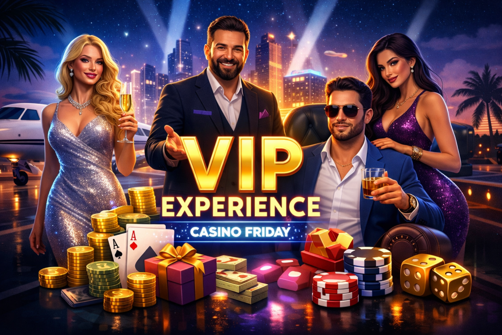 Casino Friday VIP program banner with luxury casino scene, high roller players, chips, cards, and golden VIP Experience text in neon style