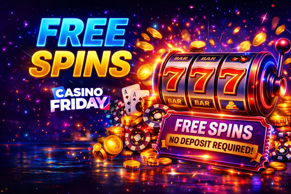 Casino Friday free spins banner with slot machine 777, gold coins, poker chips and glowing neon casino background