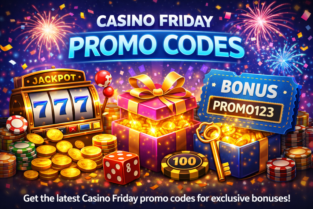 Casino Friday promo codes banner with fireworks, slot machine jackpot, gold coins, gift boxes, casino chips, bonus ticket with code, and glowing promotional text on a colorful night background