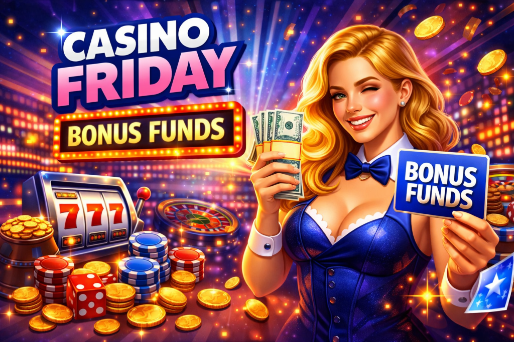 Casino bonus funds concept with slot machine, poker chips, coins and a woman holding cash and a bonus funds card in a neon casino scene