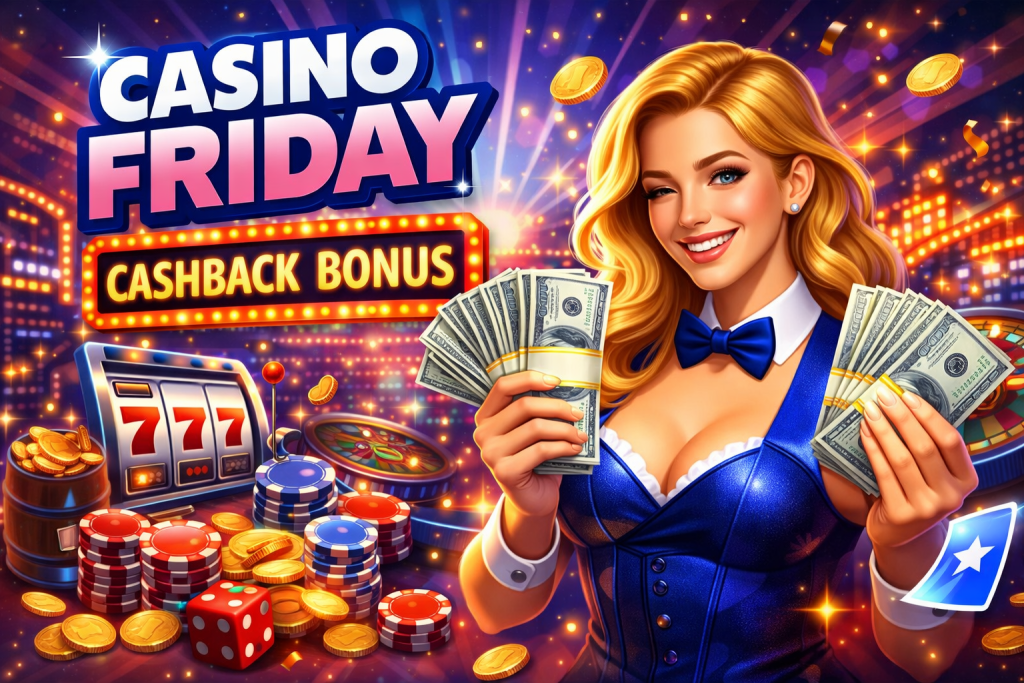 Casino cashback bonus concept with slot machine, poker chips, roulette and a woman holding cash in a bright neon casino environment