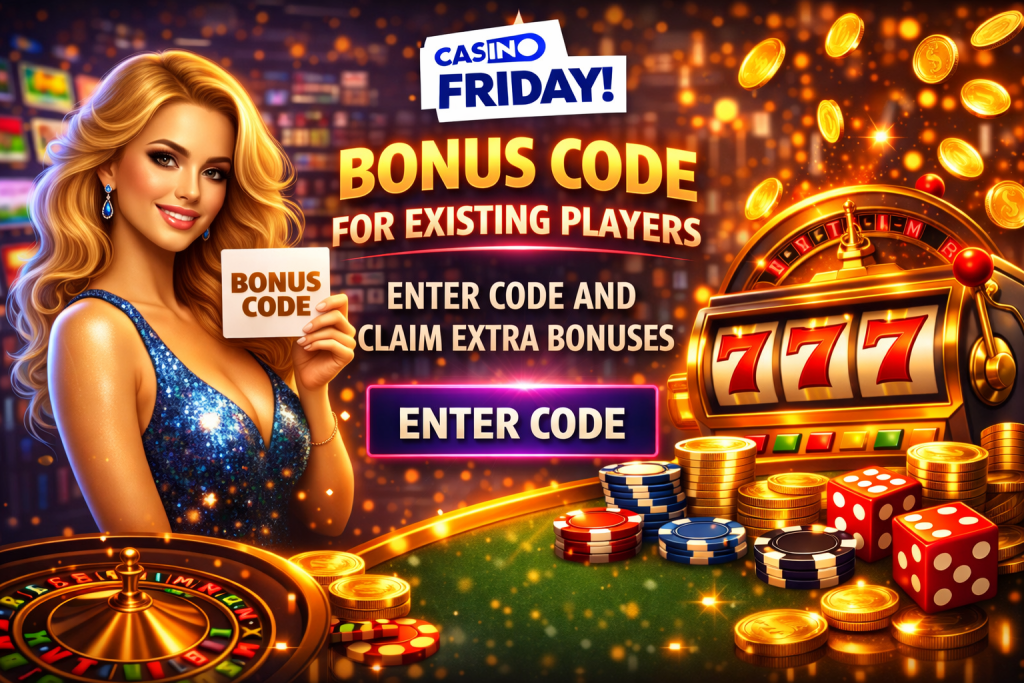 Online casino promo code banner with glowing slot machine, chips and rewards for loyal players