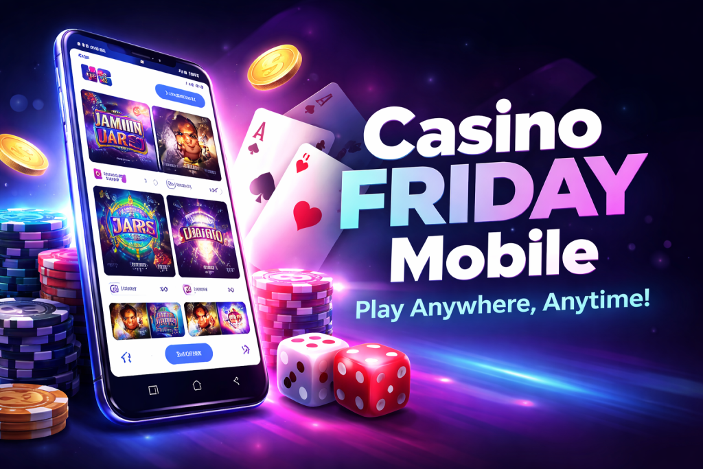 Casino Friday mobile casino platform displayed on a smartphone with casino chips, playing cards and dice on a glowing neon gaming background.