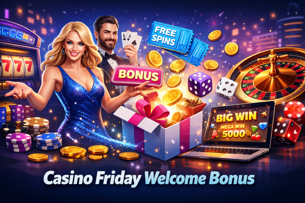 Casino Friday welcome bonus banner with casino characters, free spins tickets, roulette wheel, slot machine, coins, and gift box in a vibrant neon casino setting