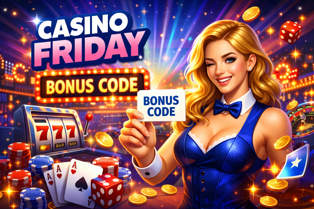 Casino bonus code concept with glowing slot machine, poker chips, playing cards and a woman holding a bonus card in a neon casino setting