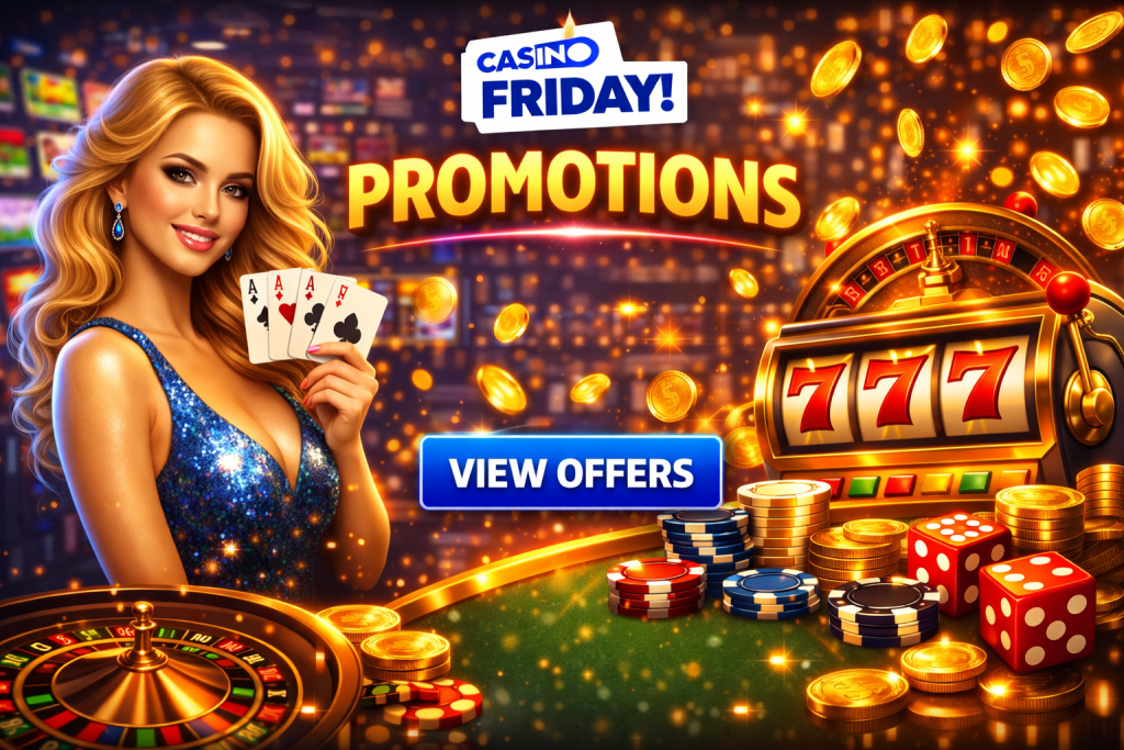 Online casino promotions banner with slot machine, poker chips, coins and special offers