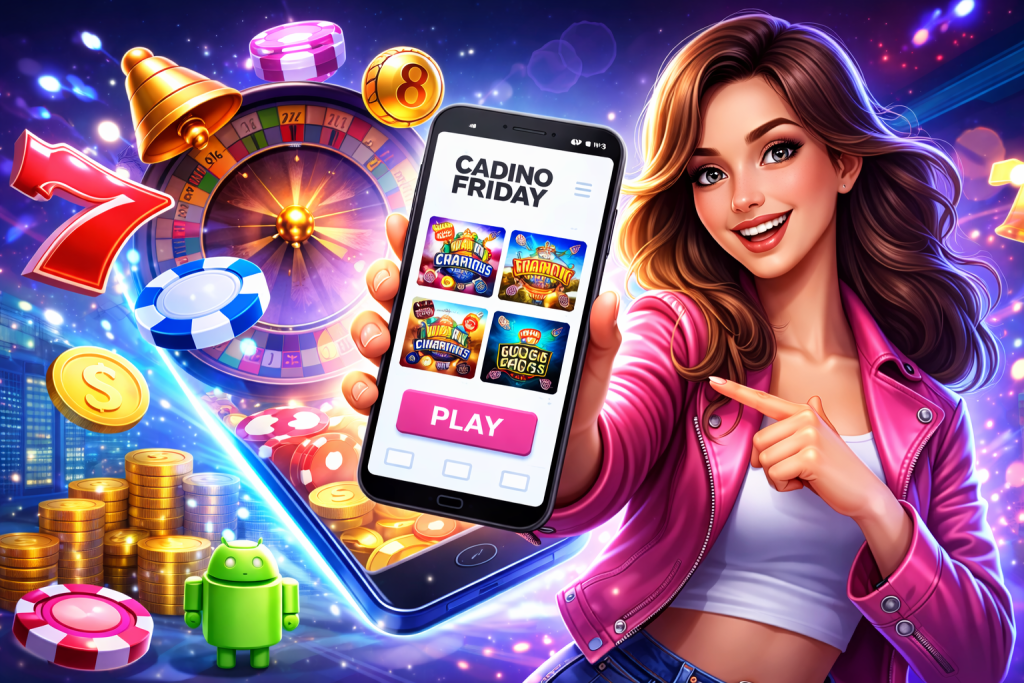 Casino Friday Android mobile casino app displayed on a smartphone with a brunette woman presenting the device, surrounded by roulette wheel, chips, coins, and Android symbol representing mobile casino gaming.