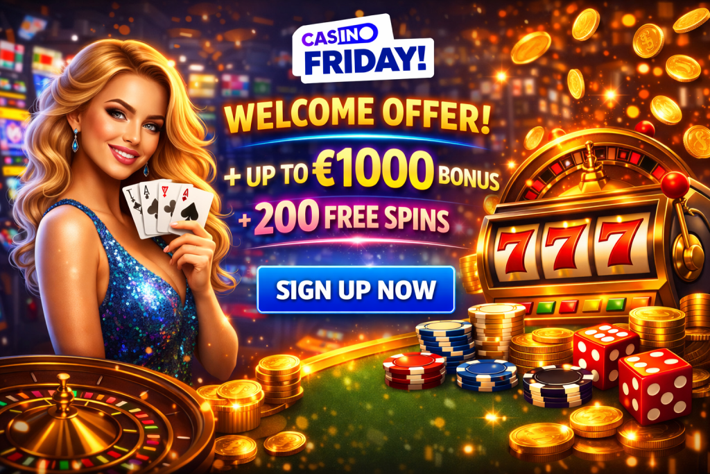 Online casino welcome bonus banner with slot machine, chips, coins and free spins offer