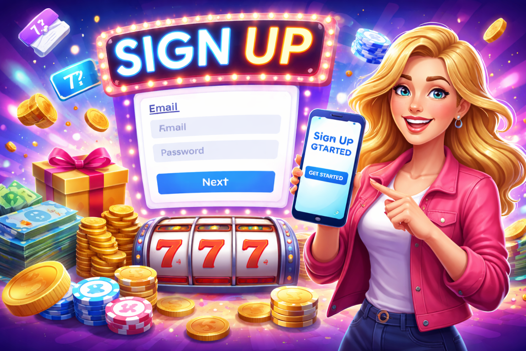 Casino sign up banner with registration form, mobile app screen showing “Get Started”, slot machine, coins, and gifts in a colorful online casino theme