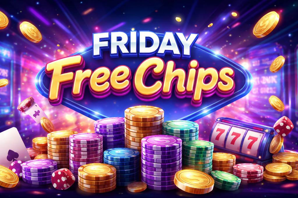 Casino Friday Free Chips banner with colorful casino chips, coins, slot machine 777, dice, and neon glowing text in a vibrant online casino style