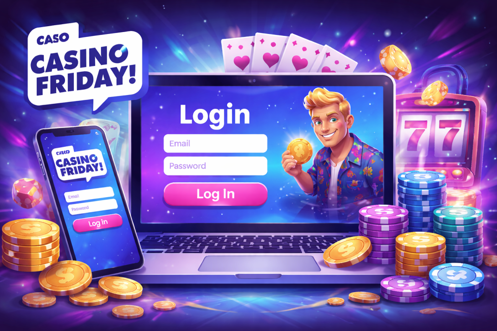 Casino Friday login interface displayed on laptop and mobile device with casino chips, coins, slot machine, and colorful neon gaming background