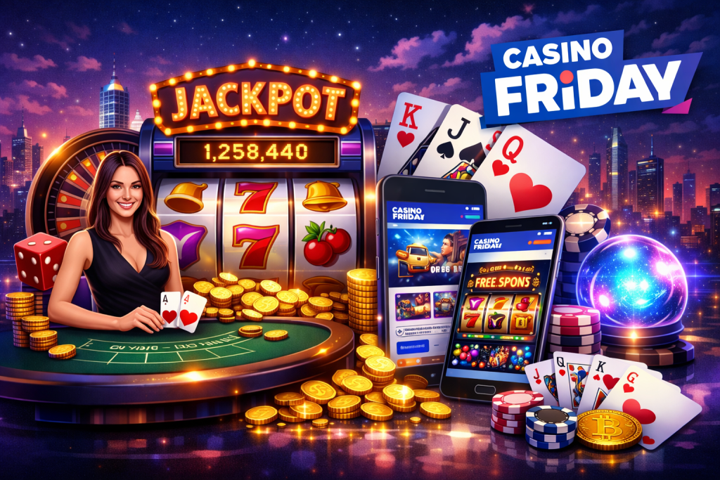 Casino Friday online casino interface with live dealer table, slot machine jackpot, playing cards and mobile gaming devices representing modern digital gambling platform