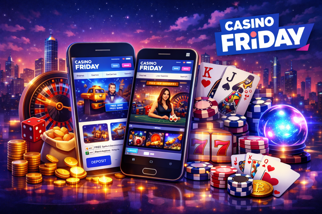 Casino Friday mobile casino interface displayed on smartphones with slot games, roulette wheel, casino chips and playing cards representing online mobile gambling platform