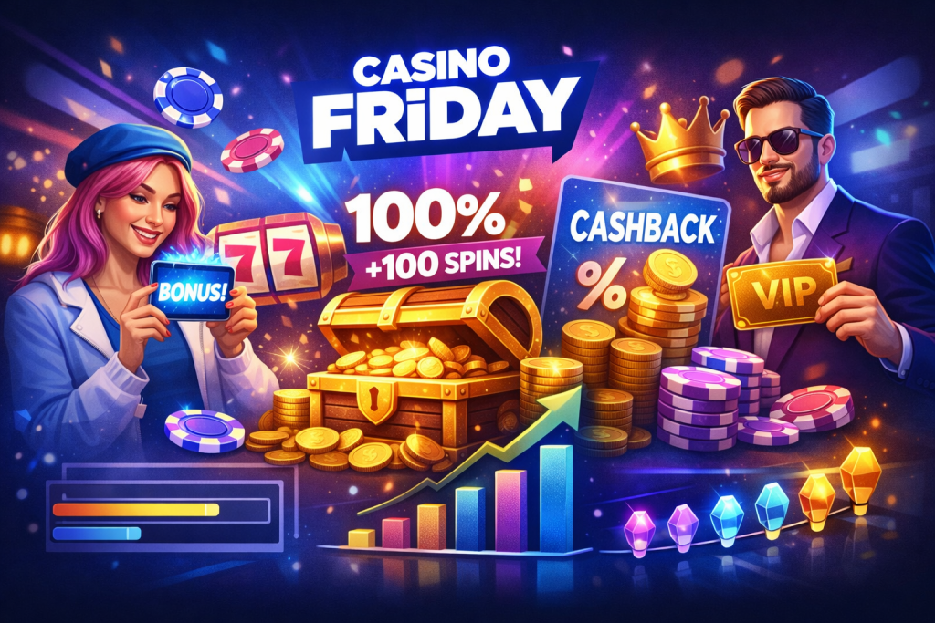 Casino Friday bonus banner featuring welcome offer with 100% match and free spins, cashback rewards, VIP program, slot machine, coins, and mobile gaming elements in a vibrant casino-themed design