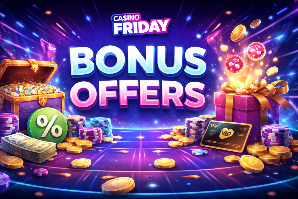 Casino Friday bonus offers banner with neon casino background, treasure chest, free spins symbols, coins, poker chips, and VIP card in vibrant blue and purple colors