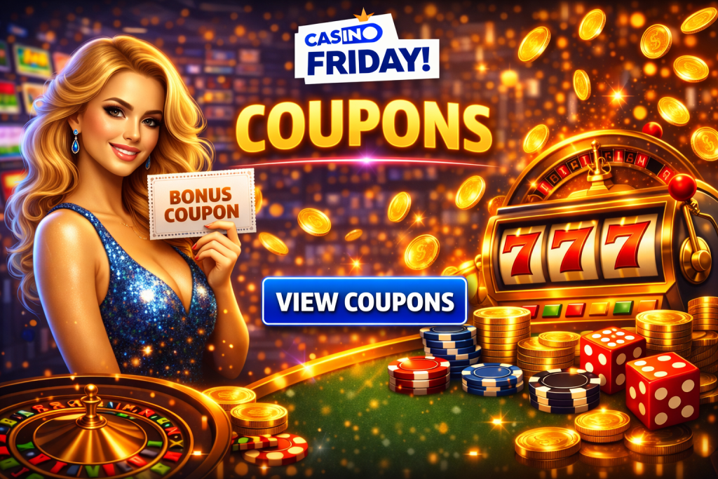 Online casino coupons banner with bonus ticket, slot machine, coins and chips