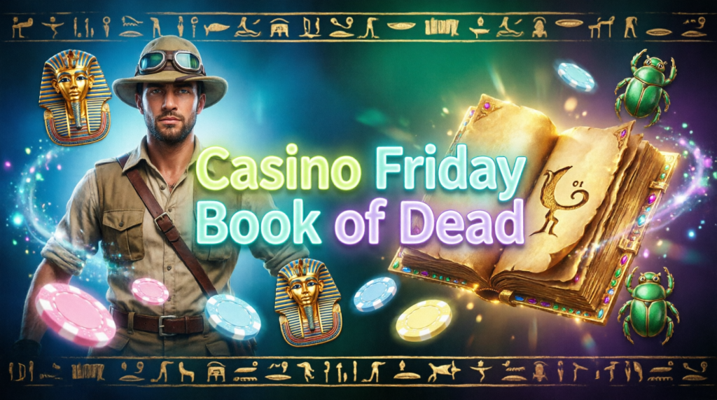 Adventure slot banner with ancient book, treasure, and Egyptian symbols