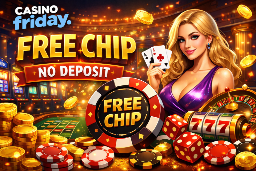 Free chip no deposit casino bonus with poker chips, gold coins, slots and roulette in a bright luxury gaming scene