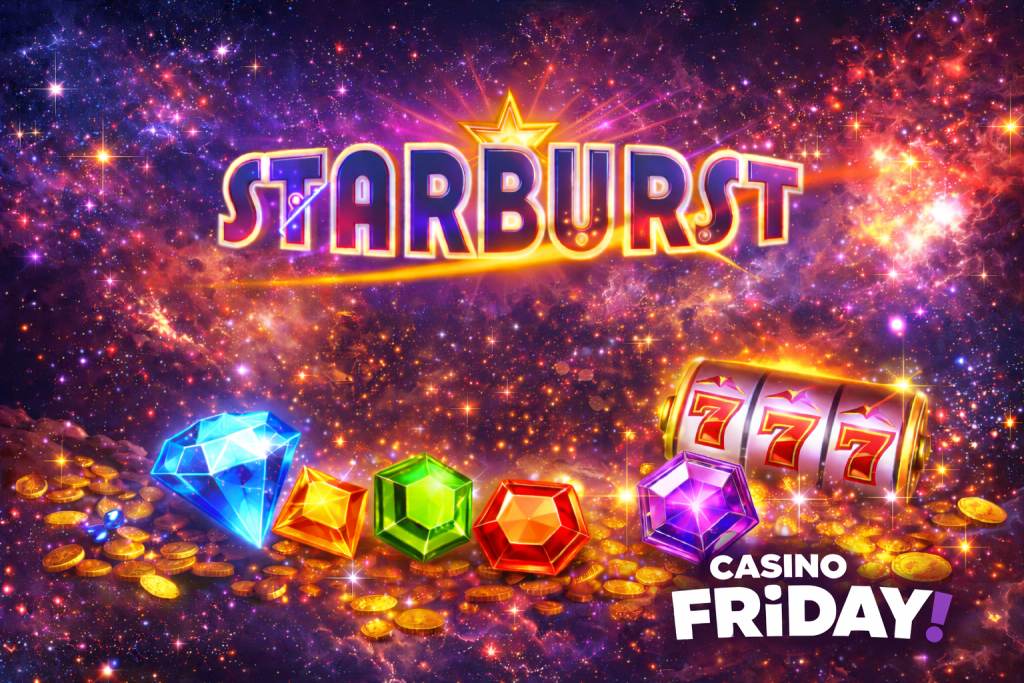 Starburst slot banner with colorful gems, cosmic background and classic slot reels