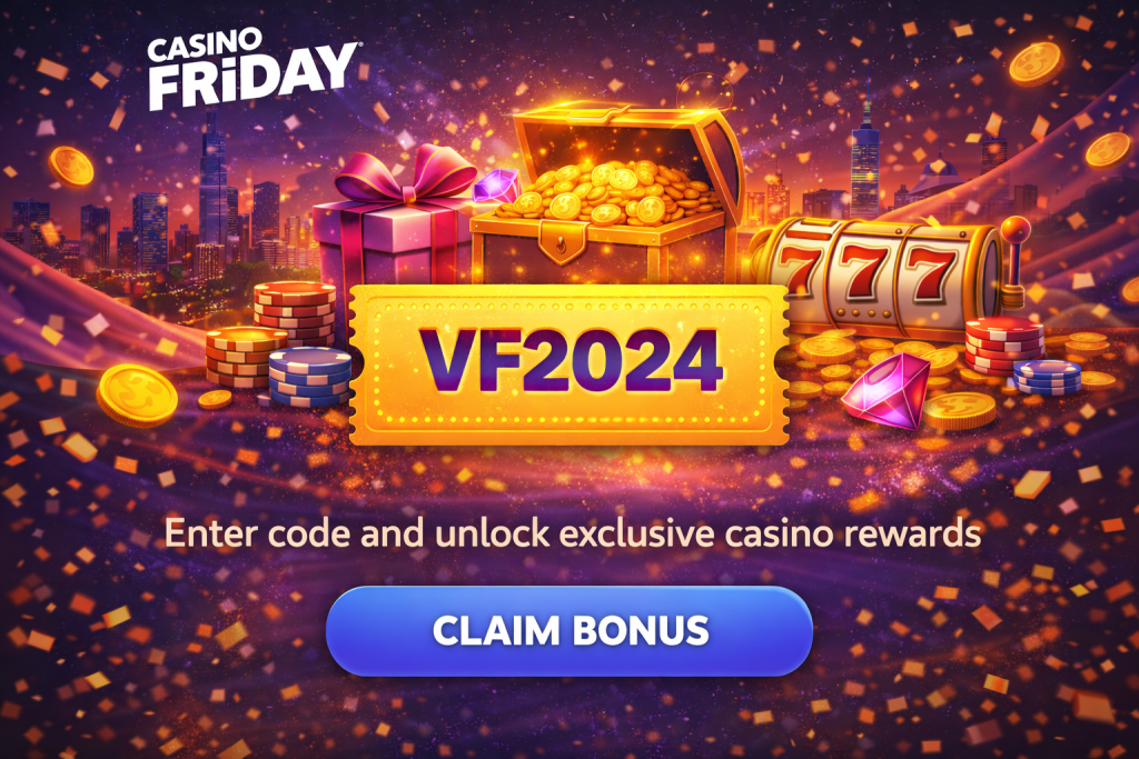 Casino voucher code promotion with bonus chips, gift box, coins and slot machine in a bright gaming scene